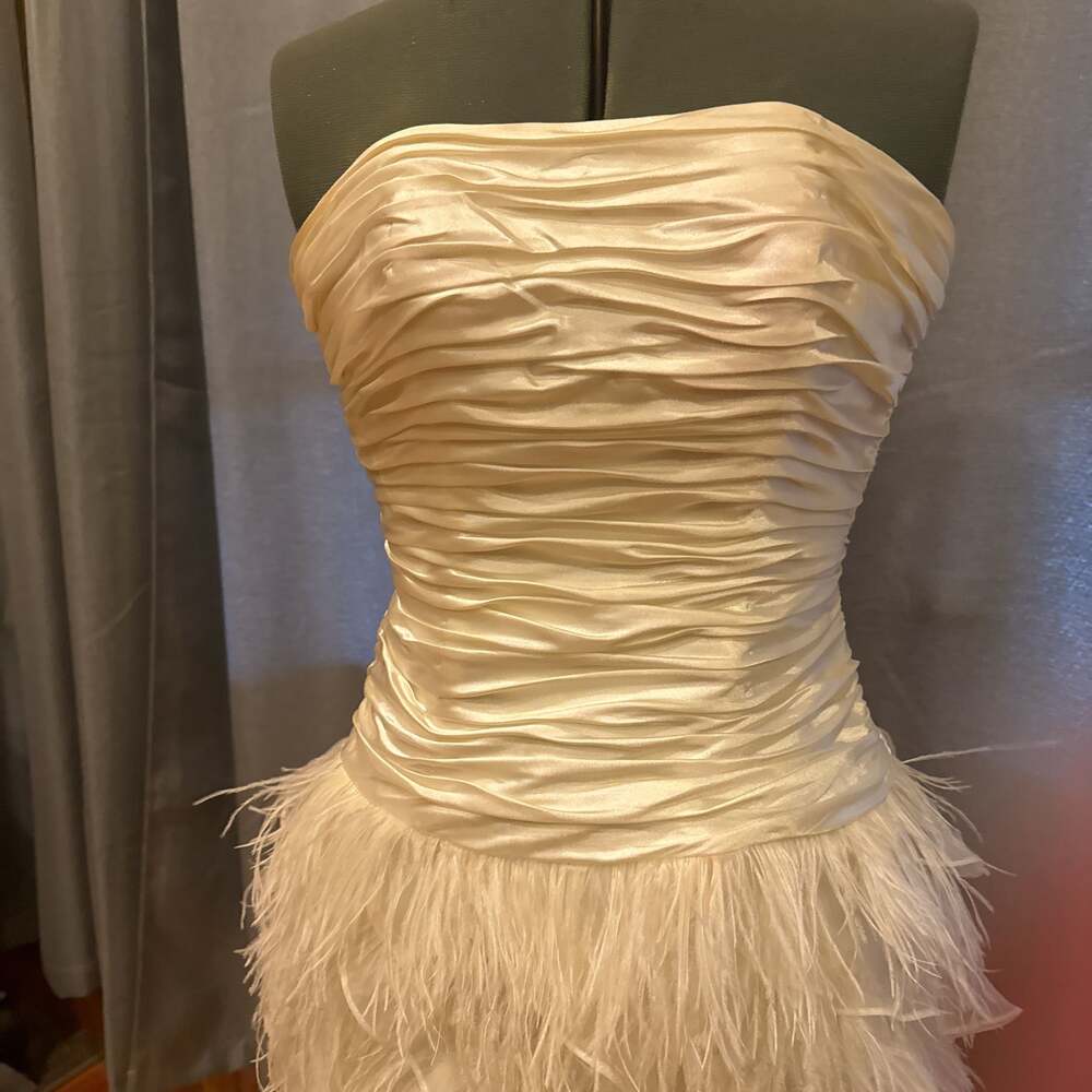 David's Bridal Strapless satin and feather short cocktail dress